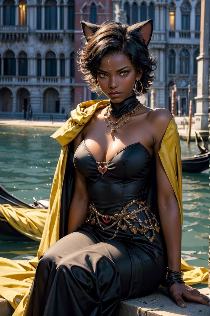 (masterpiece,stunning girlfriend, (standing:1.1), dynamic pose, heart shaped face, elegant face, beautiful face, highly detailed face, highres, masterpiece,best quality,original,extremely detailed CG,extremely detailed wallpaper,perfect lighting,looking at viewer,bare hands,1girl, SiennaKhan,short hair,black hair,animal ears,yellow eyes,cat ears,dark skin,dark-skinned female,gloves,jewelry,earrings,cape,facial mark,cleavage cutout,hoop earrings, sitting, outside, dystopian future, venice, italy, river, gondola, (crowd in military uniforms), bonfires, closed mouth, serious look, serious expression, looking at viewer,