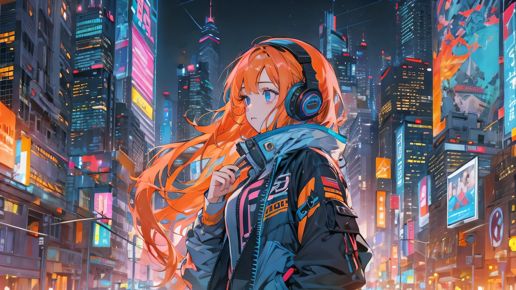 high resolution、One Girl、Wearing headphones、Vibrant colors、Vivid Color、Warm shades、Full body images、Futuristic City、Orange long hair、