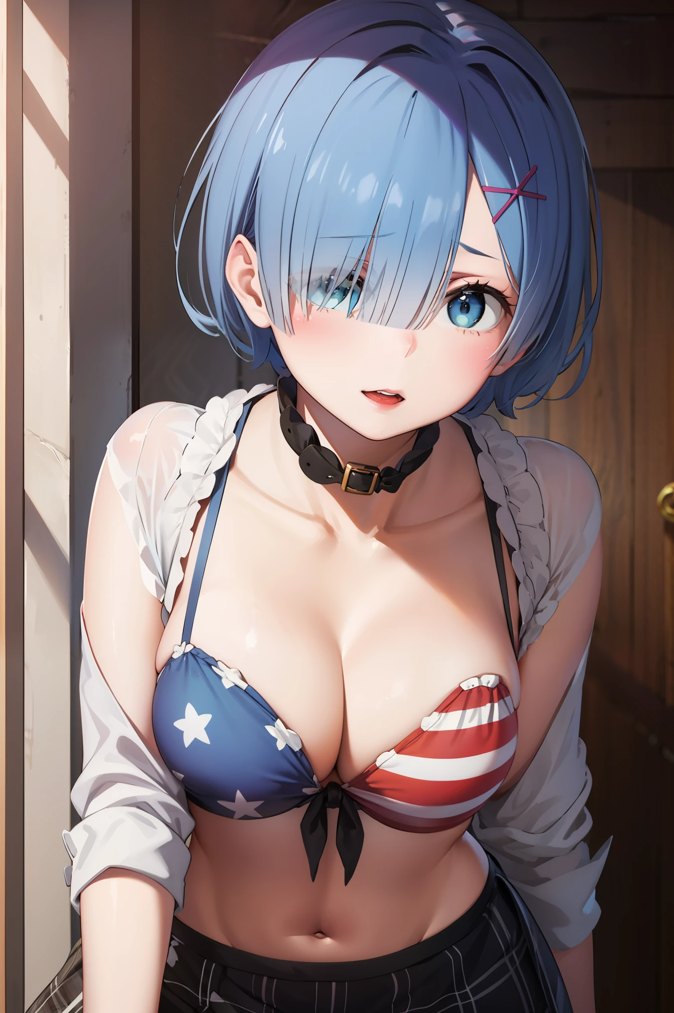 ph_rem, remhd, 1girl, blue hair, solo, blue eyes, x hair ornament,
BREAK (collar, white shirt, tied shirt, american flag bikini, cleavage, plaid skirt, midriff:1.2),
BREAK is standing、sexypose、Horizon、all-fours、ssmile,
BREAK (masterpiece:1.2), best quality, high resolution, unity 8k wallpaper, (illustration:0.8), (beautiful detailed eyes:1.6), extremely detailed face, perfect lighting, extremely detailed CG, (perfect hands, perfect anatomy),