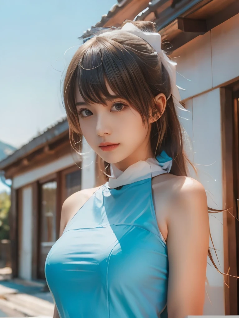 1 Girl,(background: Blue sky白云),looking at the audience,photoPractical,Practical,Solitary,outdoor,Blue sky,Upper Body,clothing，8K，Upper Body，portrait