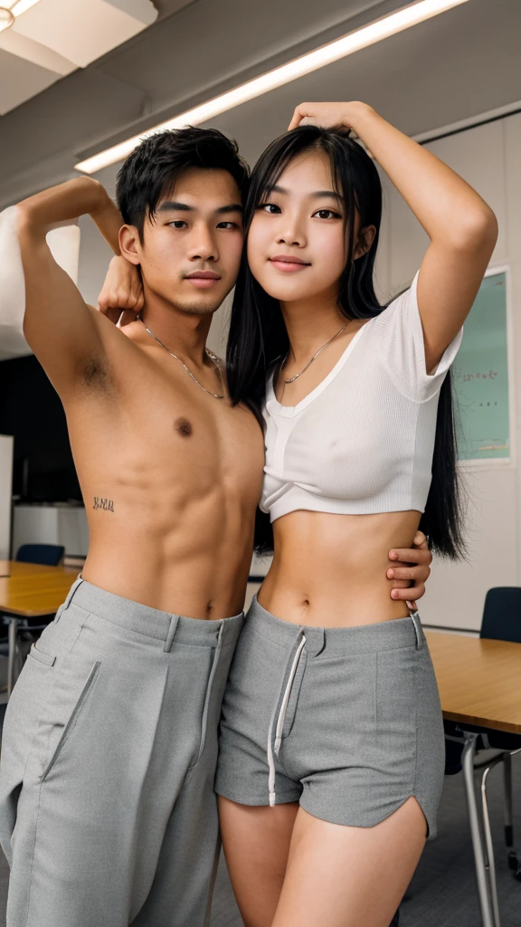 Romantic. Young indonesian Couple. Girl kissing boy, both of them were wearing Japan high school uniforms with white tops and gray bottoms, braless, show nipples (romantic lift hug). detail face. Written boundary depth, Perfect lighting, With background: (class room)