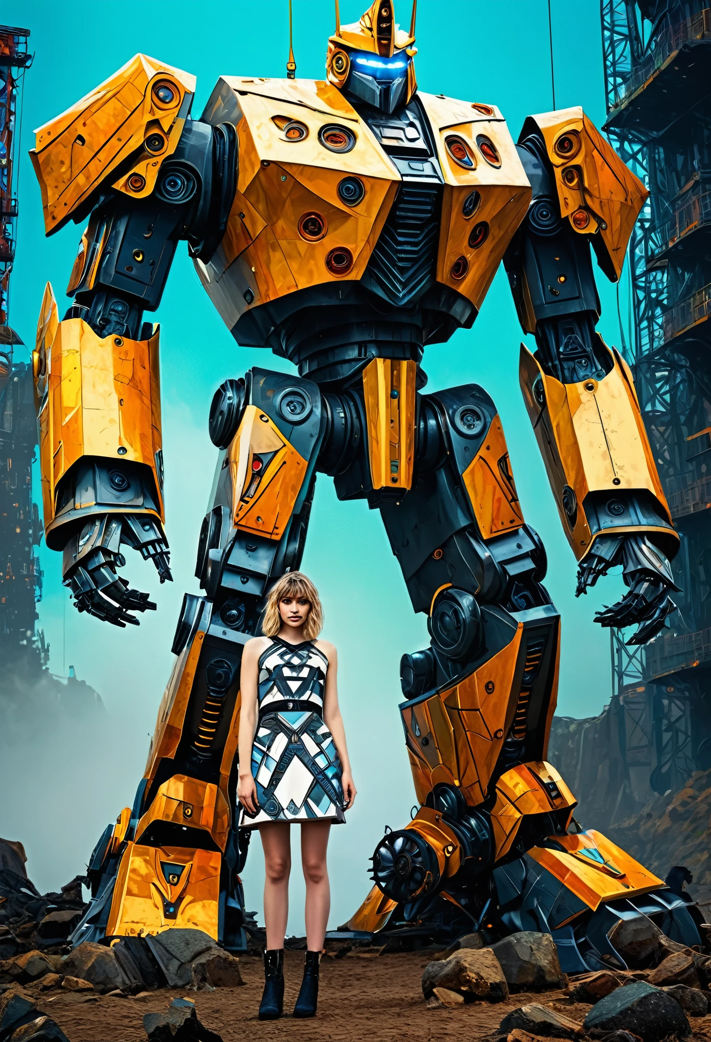 A woman stands in front of a giant robot, Inspired by Ken Kelly, Epic album cover, Imogen Poots as Paladin, Ralph Horsley Vivid Colours, The great princess of the wilderness, Skynet, Complex biopunk pattern, Warrior Queen, Kurul