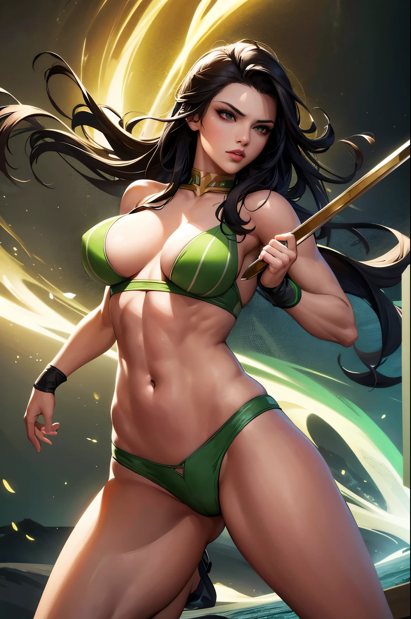 8K,A dark-haired Jamaican female demon slayer,Super Beauty(Like the real thing),Sexy Jamaican Demon Slayer,Toned, muscular body,carry a long and large sword,Perfect Anatomy,charm,Volume measurement,Body balance,Digital single-lens reflex camera, Soft lighting, Detailed Background, Written boundary depth, Volumetric lighting, Sharp focus, Absurd, Realistic proportions, Excellent anatomy, (Realistic, 超Realistic:1.4), 16K HDR, dawn,A High Resolution,super Realistic 肌,Super beautiful expression,Fantasy art,Character Art,Wind effects:1.9、Cloud Effect:1.2、Full Rendering、Professional quality high resolution、Perfect contrast、Perfect lighting、Perfect composition、Perfect Skin、Perfect Fingers、Perfect breasts、Perfect Hair、Perfect Face、Realistic facial features,super highest quality,Slim figure,Perfect body line,Perfect hand shape,Anatomical body balance,Highly detailed face,Highly detailed eyes,Beautiful Lips,Excellent light particles,Cinema Lighting,Makeup,Ultra-high resolution,Ultra-Realistic Skin,Super Muscular Body,Hard and strong abs,Yellow and green battle outfit,Green and yellow combat trousers,Combat Ready,Chaotic Battlefield,Intense Combat,Dynamic action poses,Sharp Eyes,