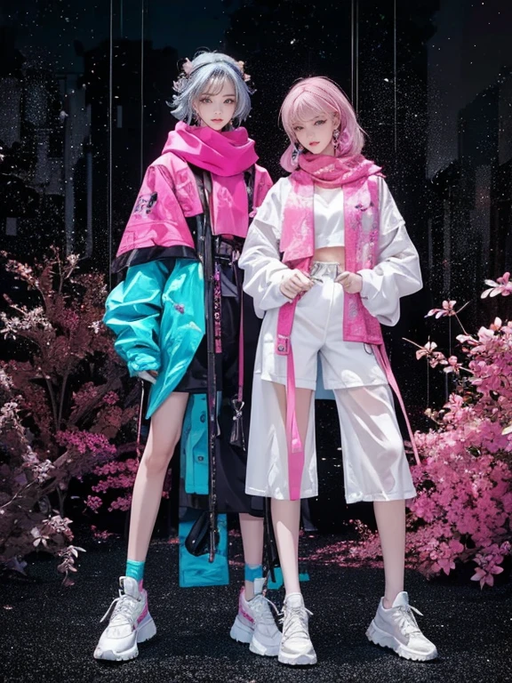 highest quality, Very detailed, masterpiece, Two women posing,(((Perfect female body))),Very beautiful face, Very beautiful body,Gentle expression, Very beautiful eyes,(Perfect Makeup:1.1),Fashion Model,Cyberpunk Fashion,Curly Hair,Shaggy Hair,pink and blue hair:1.3, very thin body,Smart Abs,Monogram pattern,Gradation,(Fractal Art:1.3),Tech See-Through Jacket,Monogram patternスカート,Two-tone high-top sneakers,A kind smile,Full body portrait,(Night in Cyber City), (Shiny skin),(Earrings),Long scarf with elegant pattern,Neon long shawl,