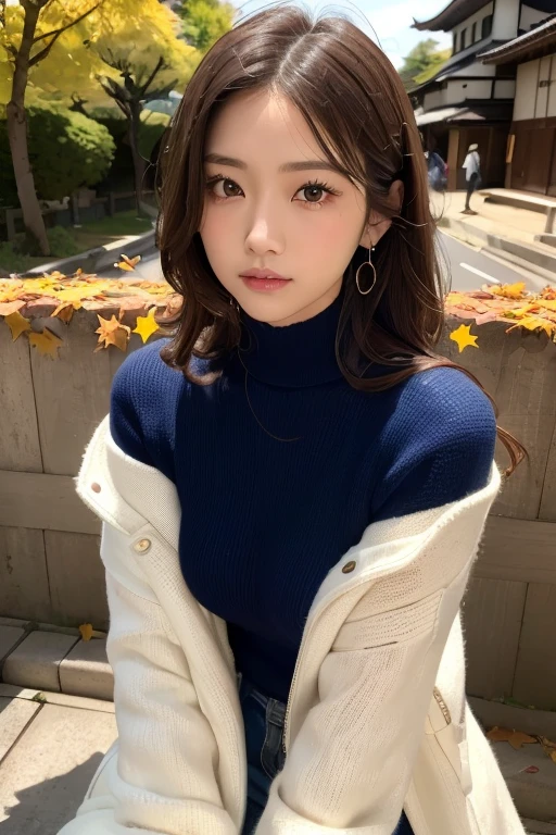 (masterpiece:1.3), High resolution, Super detailed, Highly detailed CG Unity 8k wallpaper, Realistic, photo-Realistic, RAW Photos, (Beautifully detailed face), Pale skin, Realistic skin, Detailed cloth texture, Detailed hair texture, Supermodel, Beautiful Face, Accurate, Anatomically correct, Highly detailed face and skin texture, Natural neck length, (Beautiful Hands), (Fair skin:1.2), Thin legs, Thin legs, Sexy thighs, 
break, 
Fine grain, Symmetrical eyes, Brown eyes, double eyelid, Thin eyebrows, (Glossy lips:1.4), (Pretty face:1.2), Large chest、谷間
break, 
(Very cute girl:1.3), ((She wears a white knitted long coat over a royal blue top:1.3)), (hot pants:1.2), (Strap sandals), 
Medium large breasts, (Hard chest, Shapely breasts, Slim figure:1.1), 
(Layered Hairstyles, Dark brown hair, Wavy Hair), (Medium Long Hair:1.2), 
break, 
(squat and lean forward、Reaching out:1.2), (In the ginkgo tree avenue:1.2), ((Landscape of autumn leaves:1.3)),
((in the '嵐山' of '京都' in Japan:1.2)), (Cowboy Shot:1.2), ((View Viewer:1.2)), (from the front:1.1),