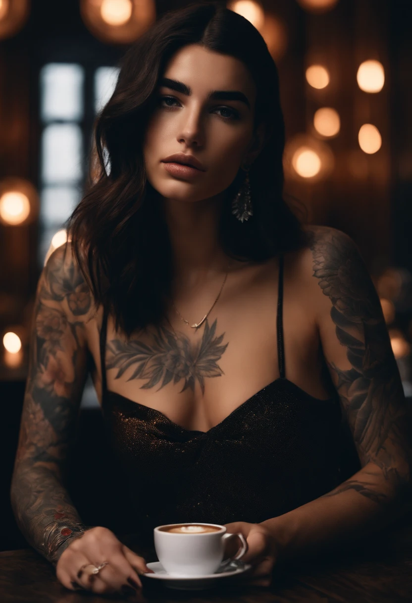 Tattooed girl dua lipa, very beautiful, meurtrier, bel homme, trahison, erotic, background dark, 8k, Dynamic wallpaper, very delicate, very dense, explicit, cinematic, having coffee