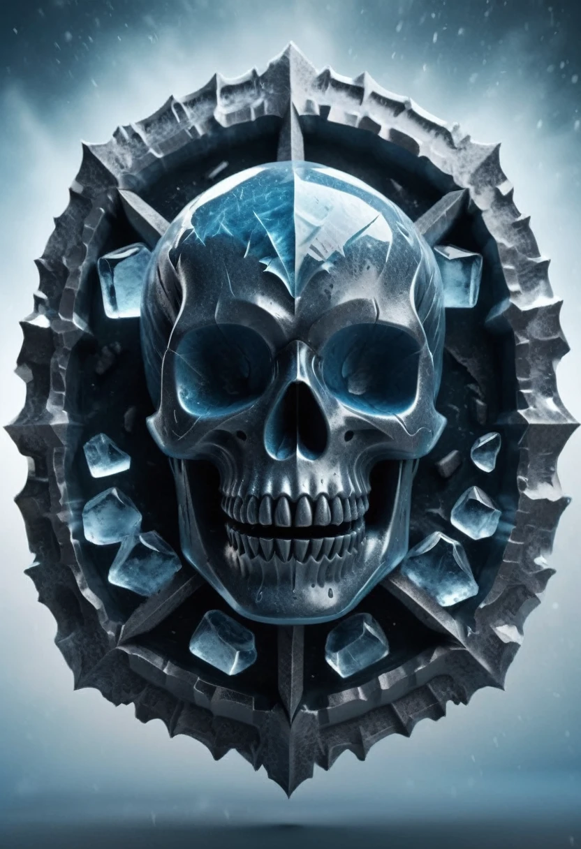 a detailed ice skull logo, intricate ice crystal structure, sharp icy edges, frozen glacial aesthetic, 3D rendered, cinematic lighting, dynamic composition, mist and fog effects, high contrast, blue-white color palette, subzero temperature atmosphere, ultra-realistic, 8k, photorealistic, cinematic quality, masterpiece