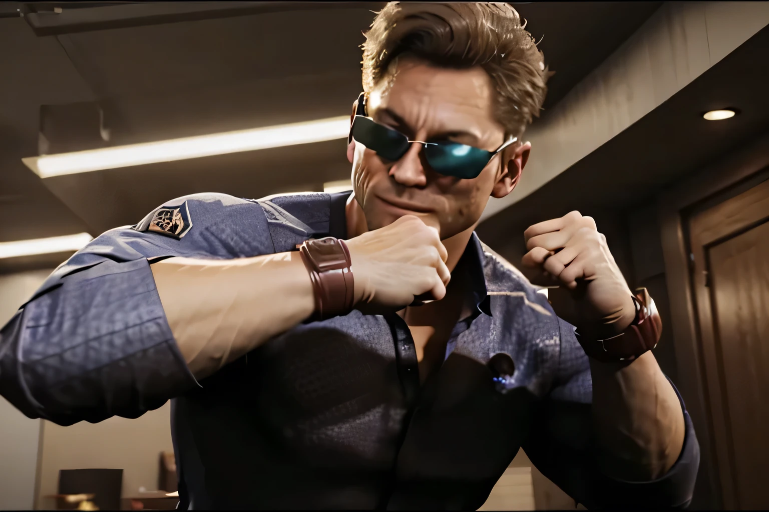 1 man, solo, (Johnny Cage), cocky smirk, sunglasses, fighting stance, fists, Mortal Kombat, Character Design, dynamic lighting, cool and bright colors, blue suit, trouser, upper body shot, indoors, mansion