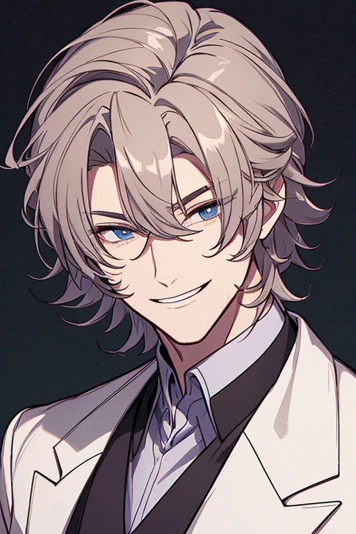 A handsome man smiling, he has a molde under his lips
