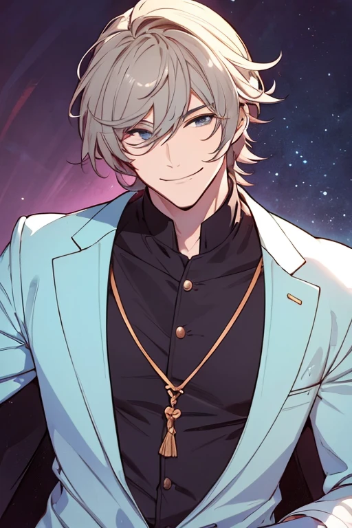A handsome man smiling, he has a molde under his lips
