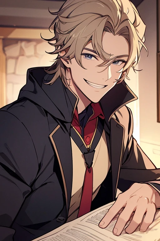 A handsome man smiling, he has a molde under his lips