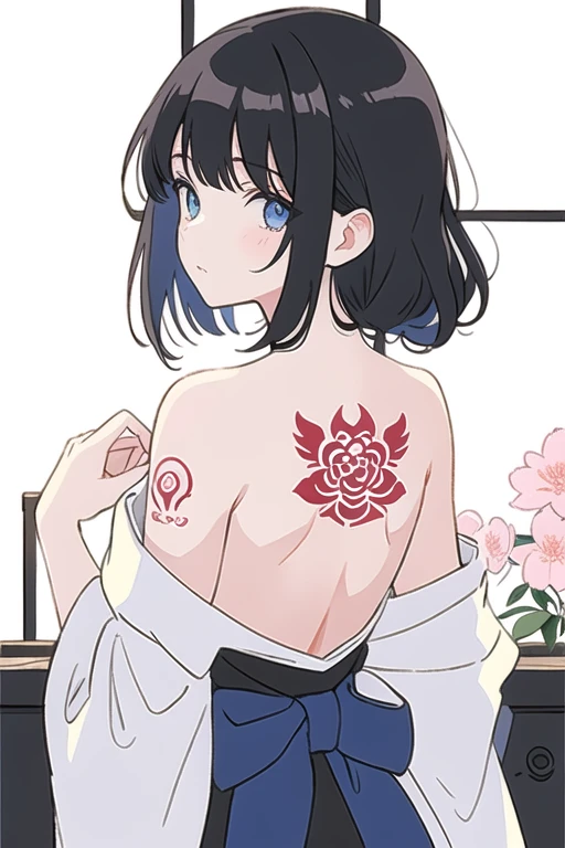 (masterpiece, Top quality, best quality, Official Art, beautiful and aesthetic:1.2),1 Girl, Tattoo, Solitary, Japanese clothes, Hair accessories, unsheathing, Black Hair, sheath, back Tattoo, blue eyes, Off-shoulder, Bare shoulders, look back, From the back, flower, looking at the audience, Keep, cosmetic,
indoor,