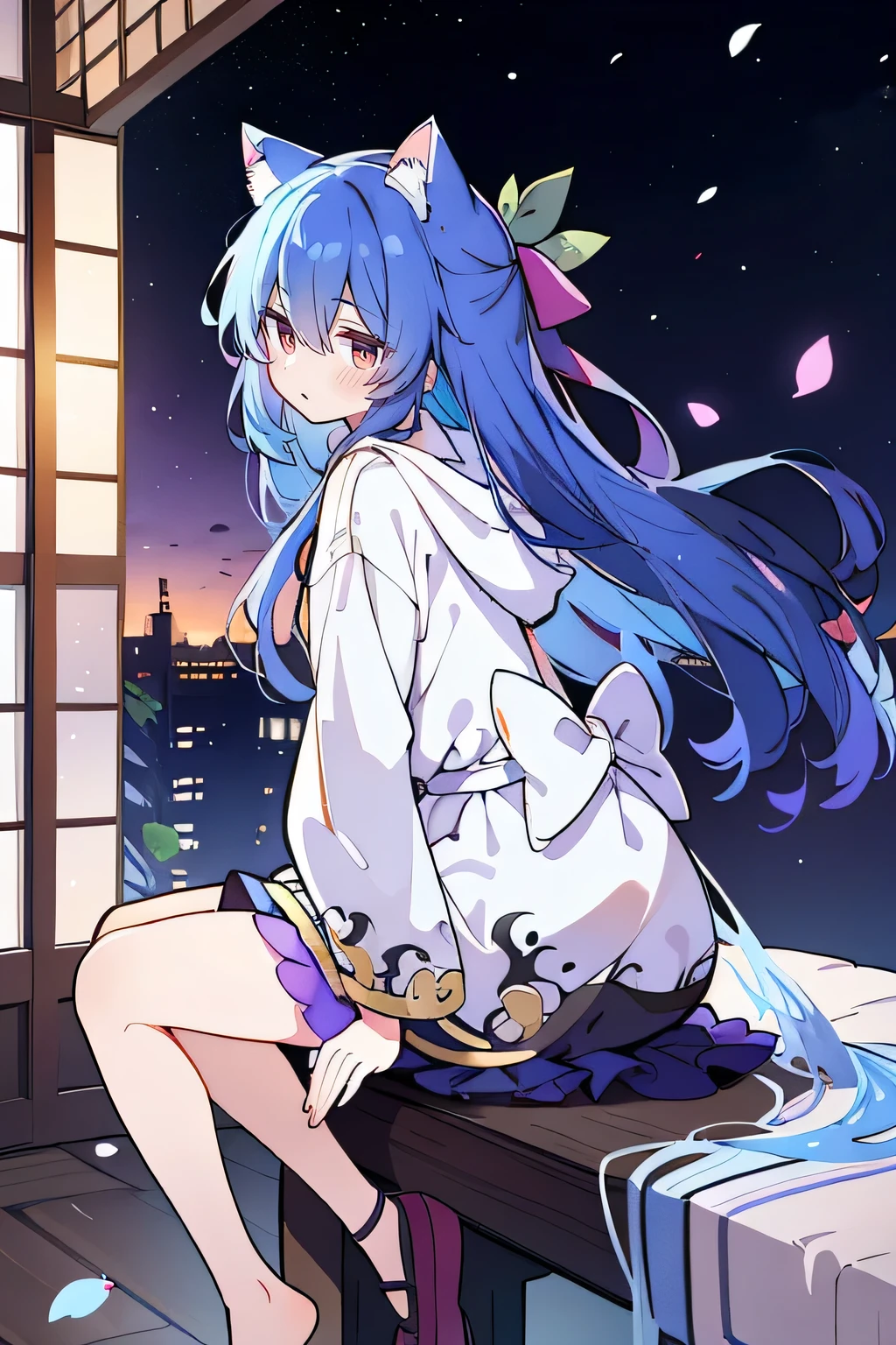 （masterpiece：1.2），Super detailed，lifelike，Expressive eyes，fair skin，perfect face shape，1 girl，
Japanese comics,Gorgeous blue hair,flowing blue hair,flowing clothes,Cat ears,Petals fall,beautiful lola,Baby Angel,
Cross your legs，Gentle and peaceful background，The pavilion is cool and comfortable, wearing hoodie, background of tokyo,back views,snowing, winter.