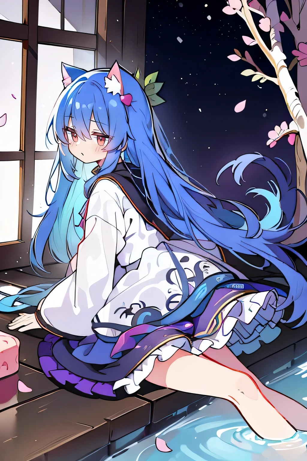 （masterpiece：1.2），Super detailed，lifelike，Expressive eyes，fair skin，perfect face shape，1 girl，
Japanese comics,Gorgeous blue hair,flowing blue hair,flowing clothes,Cat ears,Petals fall,beautiful lola,Baby Angel,
Cross your legs，Gentle and peaceful background，The pavilion is cool and comfortable, wearing hoodie, background of tokyo,back views,snowing, winter.