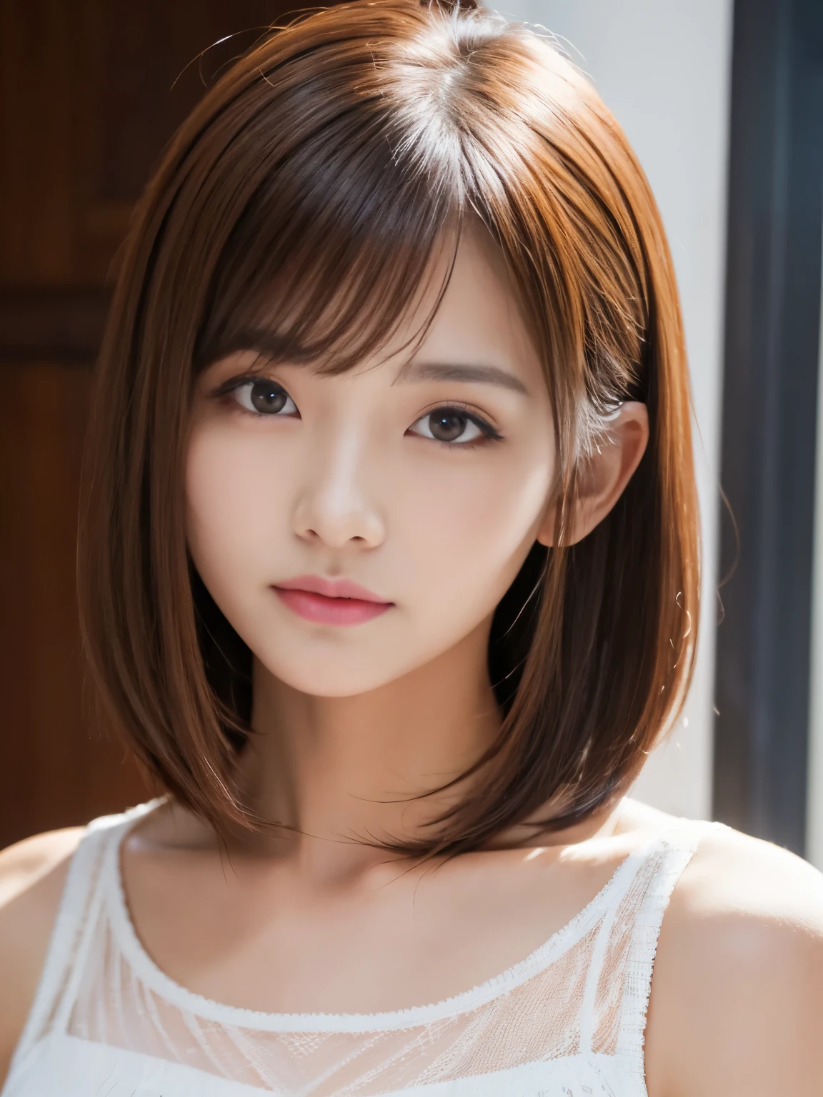 Ultra High Definition, Superior Quality, Premier Quality, ultra detailed, Photorealistic, 8k, RAW Photos, highest quality, masterpiece, Attractive girl, Stunning girl, Brown Hair, Shoulder Length Layered, Mesh Hair, Japanese Idol, Sophisticated, Stylish, camisole,