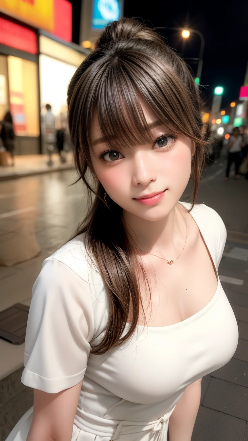 highest quality、Natural Lip、Fair skin、Great light、Beautiful lighting、((Straight hair))、((Ponytail Hair))、((Black Hair))、Blunt bangs、Off the shoulder、Large Breasts、Large Breastsの谷間、White crop top、mini skirt、Gorgeous Accessories、Harajuku at night、smile、かわいいsmile、Crowd in the city at night