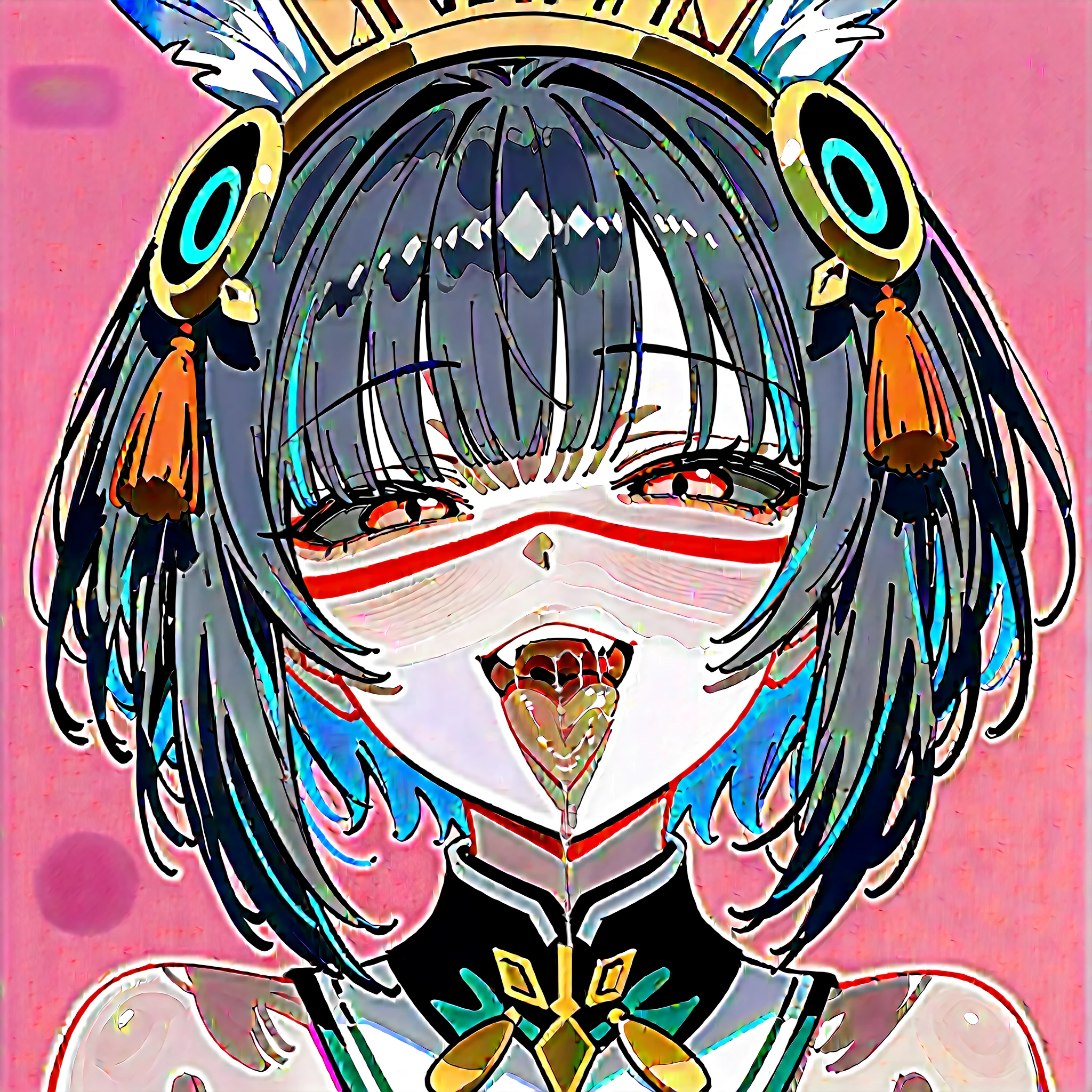 1girl, short hair, red eyes, (black sclera), multicolored hair, black hair, sidelocks, blue hair, feathers, headdress, facepaint, jewelry, tassel, green detached collar, bare shoulders, smug, ahegao, tongue out, saliva, fang, looking at viewer, yandere, pink background, hearts, masterpiece, score_9, score_8_up, score_7_up
