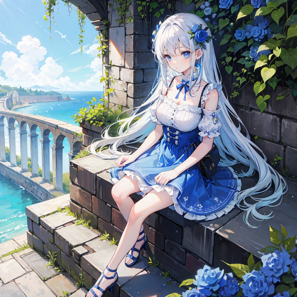 girl, looking afar,sitting on stairs, Historic Aqueduct,Bird's Eye View,Blue eyes, big eyes,droopy eyes, With blue flower corsage ,Slender body, White long hair,shoulder bag,short sleeves frilled dress