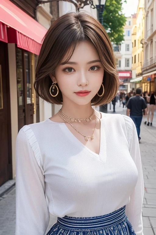highest quality, Very detailed, masterpiece, 1 person,woman,(((完璧なwomanの体))),Very beautiful face, Very beautiful body,Gentle expression, Very beautiful eyes,(Perfect Makeup:1.1),Fashion Model,Short Bob Hair,Shaggy Hair,Hair Bun,Chestnut Hair:1.3, very thin body,Smart Abs,Striped blouse,Cotton Long Skirt,necklace,anklet,Elegant pumps,A kind smile,Upper body portrait,(Shopping street background:1.3), (Shiny skin),(Earrings),Look to the right,tits、valley、underwear、Sexy pose