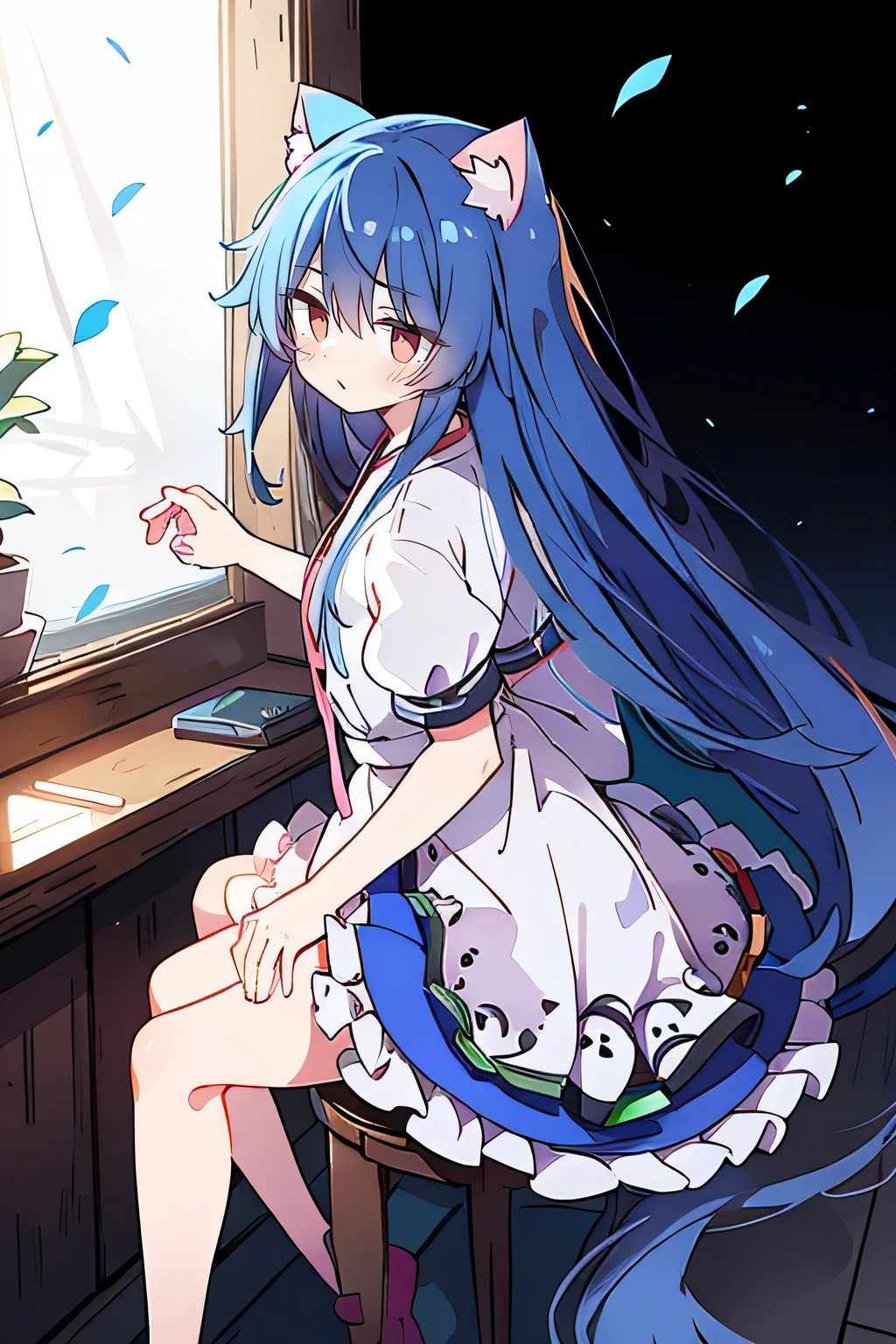 （masterpiece：1.2），Super detailed，lifelike，Expressive eyes，fair skin，perfect face shape，1 girl，
Japanese comics,Gorgeous blue hair,flowing blue hair,flowing clothes,Cat ears,Petals fall,beautiful lola,Baby Angel,
Cross your legs，Gentle and peaceful background，The pavilion is cool and comfortable, wearing hoodie, background of tokyo,back views,snowing, winter.