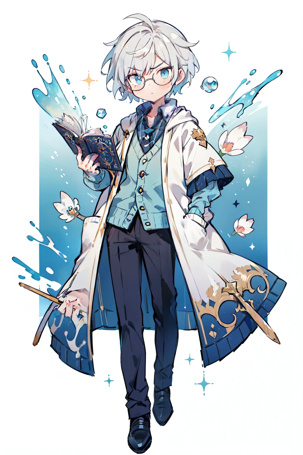 MASTEPIECE, highest quality, 8K resolution, sharp focus, ((full body: 1.5)), ((portrait: 1.2)), details, wearing glasses, ((handsome boy: 1.5)), sparkling eyes, silver hair, ( (Short hair: 1.5)), golden ratio face, otherworldly liquid, watercolor, ((pastel colors)), bright colors, serious expression, serious, colorful, clear focus, high resolution, fine details , cardigan, ((sharp light blue eyes)), holding a book, undercut