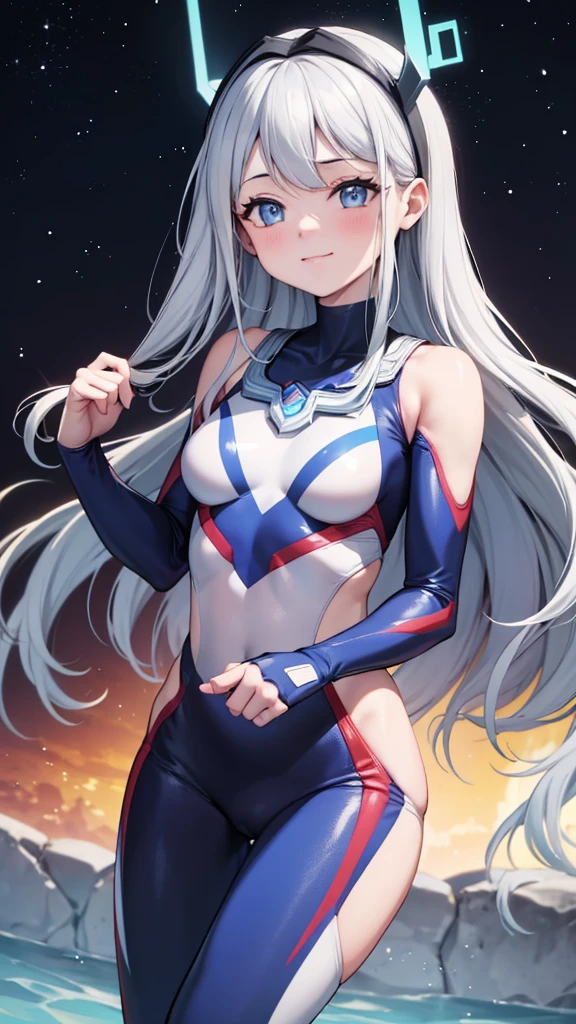 (masterpiece、highest quality、In 8K、High resolution:1.2)、alone、One Girl、 Tight clothes、Cowboy Shot、Look at the viewers、smile、Hero Suit、Bodysuits、Tight suit、Trained abdominal muscles、Trained biceps、(Hmph :1.0)、 ウルトラマンBodysuits、Shining jewel on the chest、(building:1.2)、Night Scenery