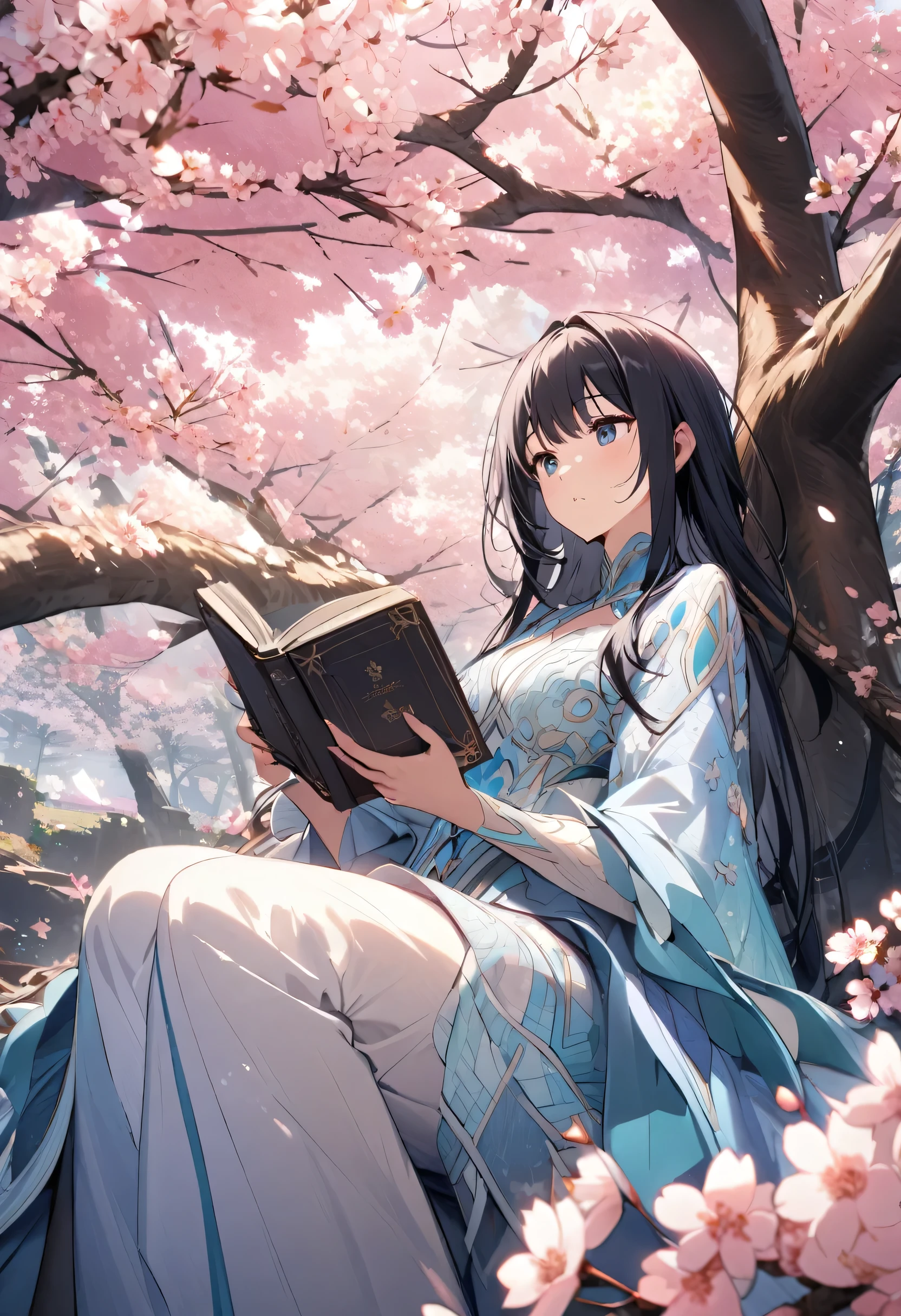 A wide angle view of a beautiful cherry blossom tree where a beautiful woman with a long black hair wearing a pastel blue ornamental gown is reading a book in the tree's branches while resting peacefully against it.