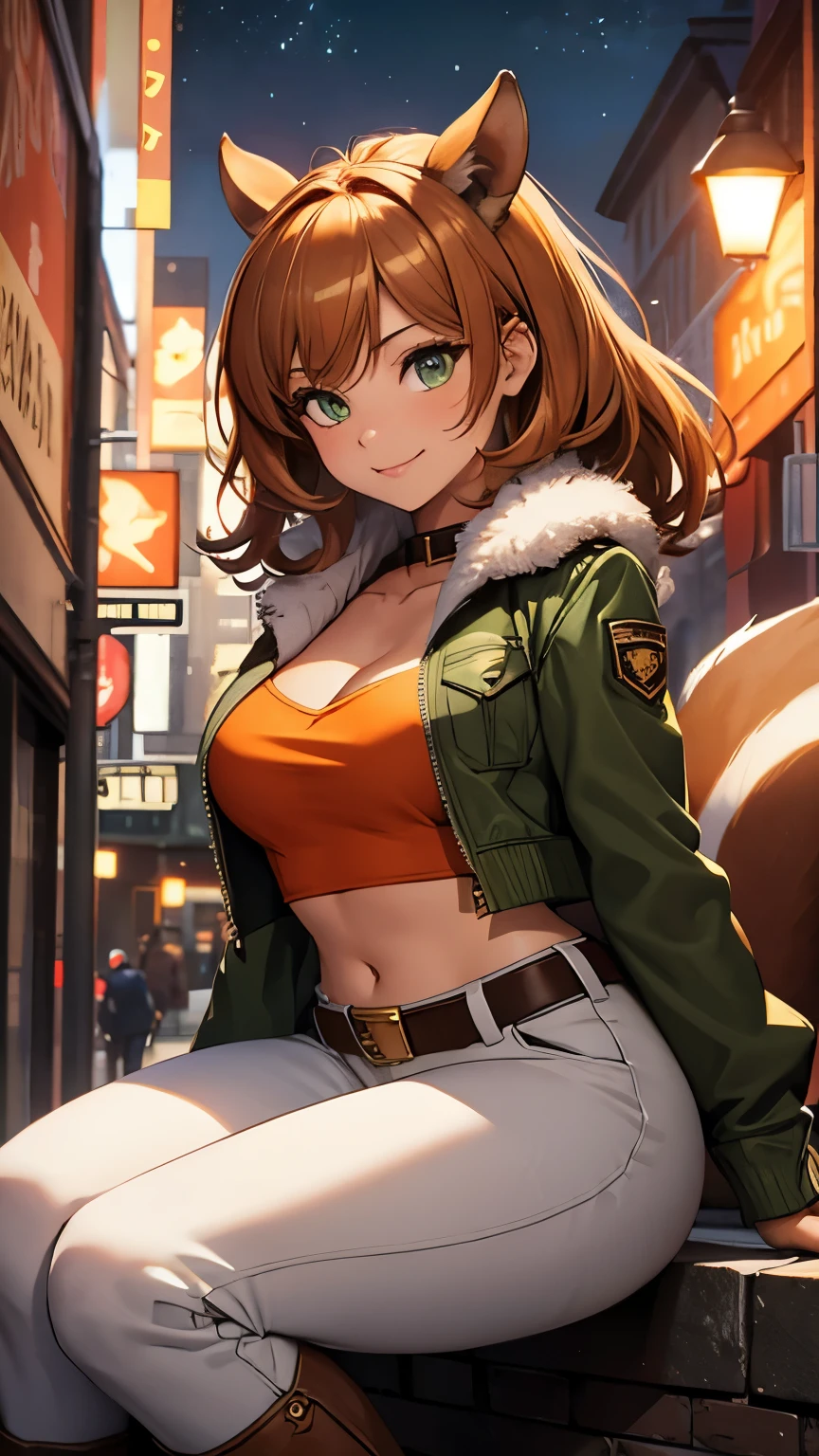 ,(Highly quality, masterpiece, detailed), Night city detailed scenario, Night city detailed background, 20 years old girl, cleavage, smile, green eyes, Squirrel girl, Brown jacket, orange shirt, crop top, gold belt, white pants, boots, fluffy boots, Squirrel tail, Abdomen, Navel, beautiful eyes, perfect eyes, looking at the viewer, Sexy pose