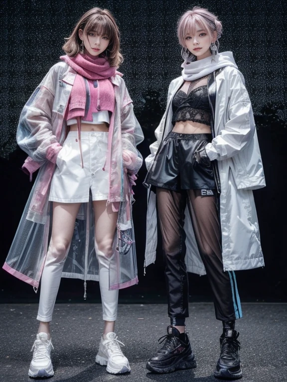 highest quality, Very detailed, masterpiece, Two women posing,(((Perfect female body))),Very beautiful face, Very beautiful body,Gentle expression, Very beautiful eyes,(Perfect Makeup:1.1),Fashion Model,Cyberpunk Fashion,Curly Hair,Shaggy Hair,pink and blue hair:1.3, very thin body,Smart Abs,Monogram pattern,Gradation,(Fractal Art:1.3),Tech See-Through Jacket,Monogram patternスカート,Two-tone high-top sneakers,A kind smile,Full body portrait,(Night in Cyber City), (Shiny skin),(Earrings),Long scarf with elegant pattern,Neon long shawl,