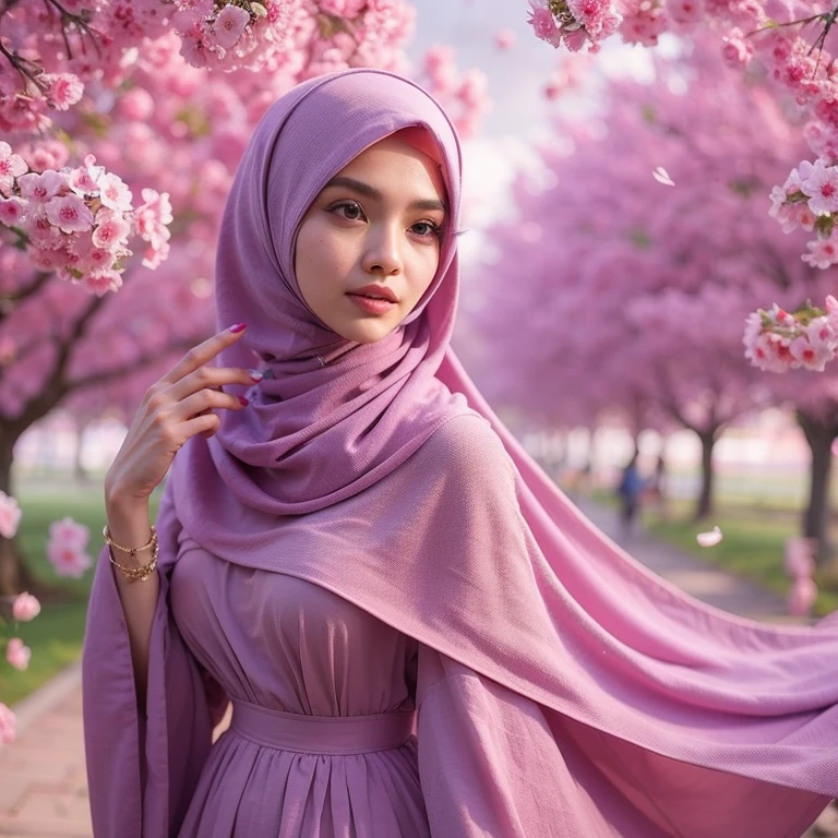 Beautiful Malay girl, wearing pink hijab, pink dress, sakura tree on background, masterpiece, photo realistic, photograph, 16K, UHD