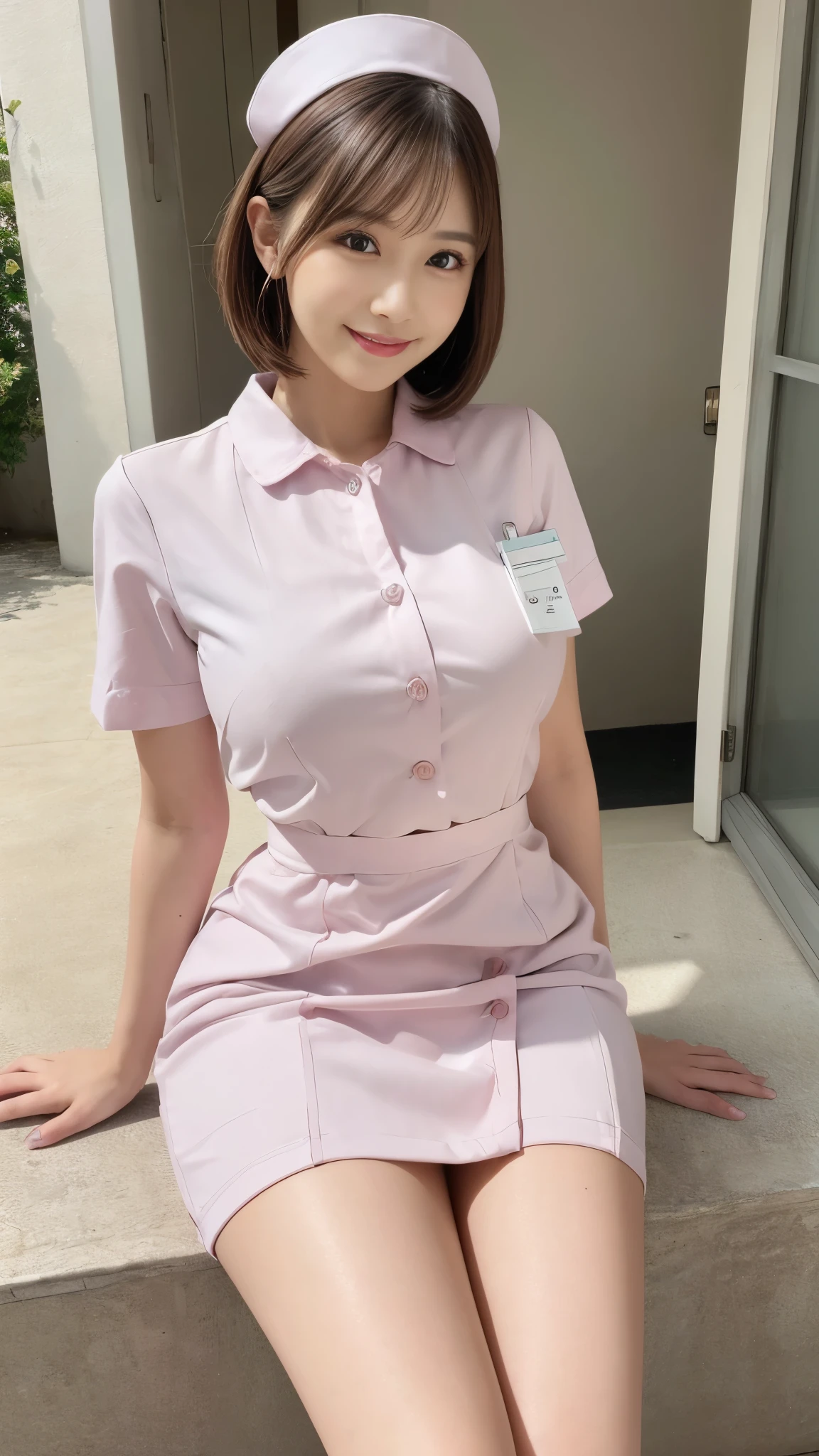 standing,Bright outdoors、Walking around the city、1 japanese girl,full smile,(Wearing white nurse clothes:1.2),(RAW Photos, highest quality), (Realistic, photo-Realistic:1.4), masterpiece, Very delicate and beautiful, Very detailed, 2k wallpaper, wonderful, finely, Very detailed CG unity 8k wallpaper, Very detailed, High resolution, Soft Light, Beautiful detailed girl, Very detailed eyes and face, Beautiful and detailed nose, finely beautiful eyes, nurse, Perfect Anatomy, Black Hair, Upstyle, nurse uniform, ((smile)), mini skirt, nurse, Pink outfit, thinl, clear, White Uniform,  Neck auscultation,Bobcut、front、Crossing your legs