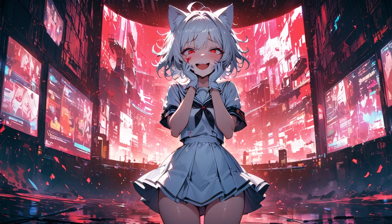 (masterpiece), the best quality, expressive eyes, perfect face, a girl, white hair, short hair, messy hair, crazy eyes, red eyes, Cyberpunk background, white sailor skirt, short skirt, squinting eyes, whole body, overlooking the audience, cowboy shooting, satisfactory smile, wide open mouth, shiny skin, crazy smile, red blood on the face, white cat's ears (Steamed cat-ear shaped bread), sexy skirt, white gloves, hands in front of her, hands on their cheeks, hands on their own face, alone, white heels, elbows slightly squeezed, perfect anatomical structure,