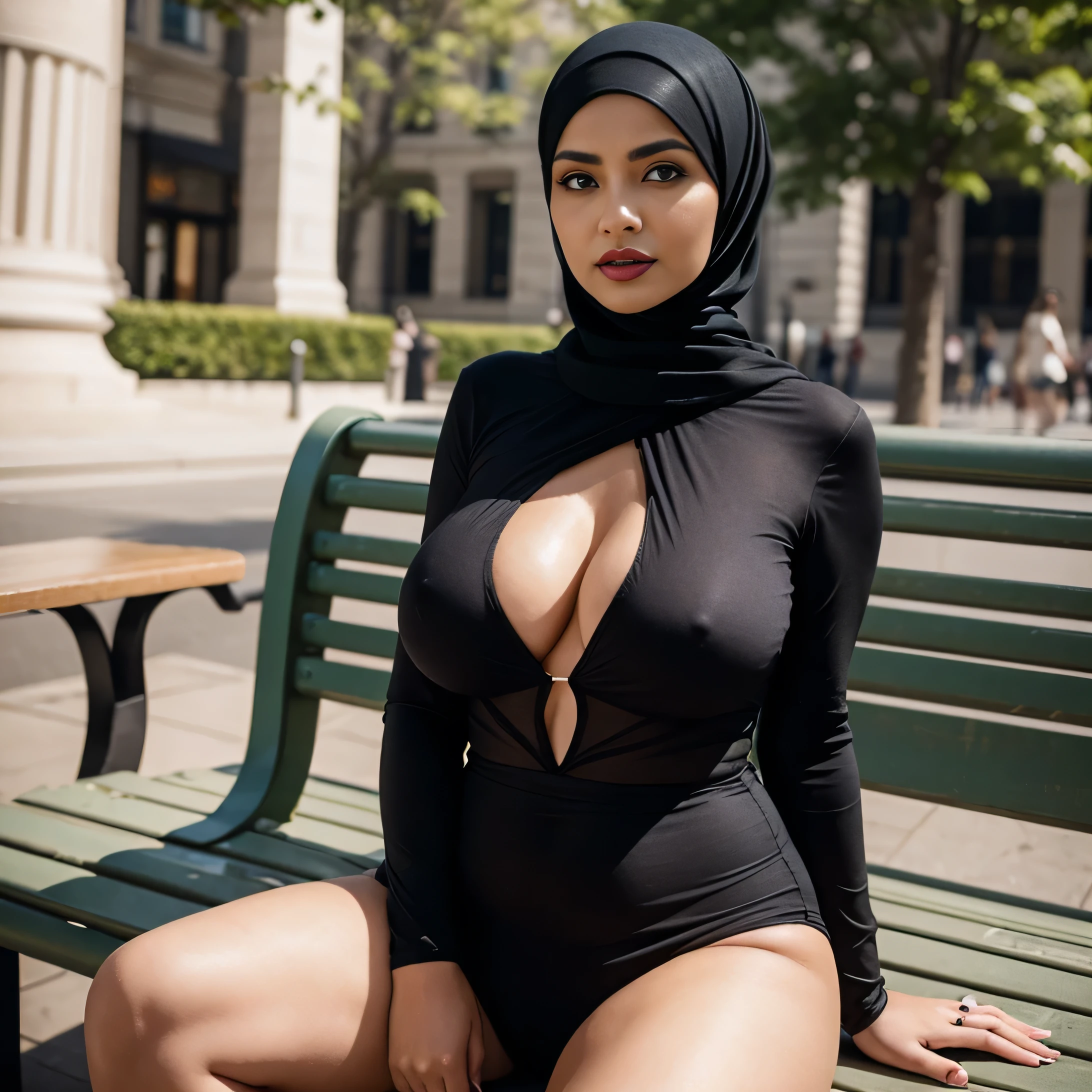 Jane, a 42-year-old Muslim mother, sits on the park bench with Mia. Her large, heavy breasts are perched atop her hourglass figure, straining against the confines of her glamour hijab. She's wearing a fitted long-sleeved top and stockings, which only serve to accentuate her curvaceous legs. Jane's makeup is expertly applied, her red lips and expertly winged eyeliner complementing her piercing blue eyes. She exudes confidence and maturity, unafraid to embrace her femininity in a way that is both alluring and graceful.