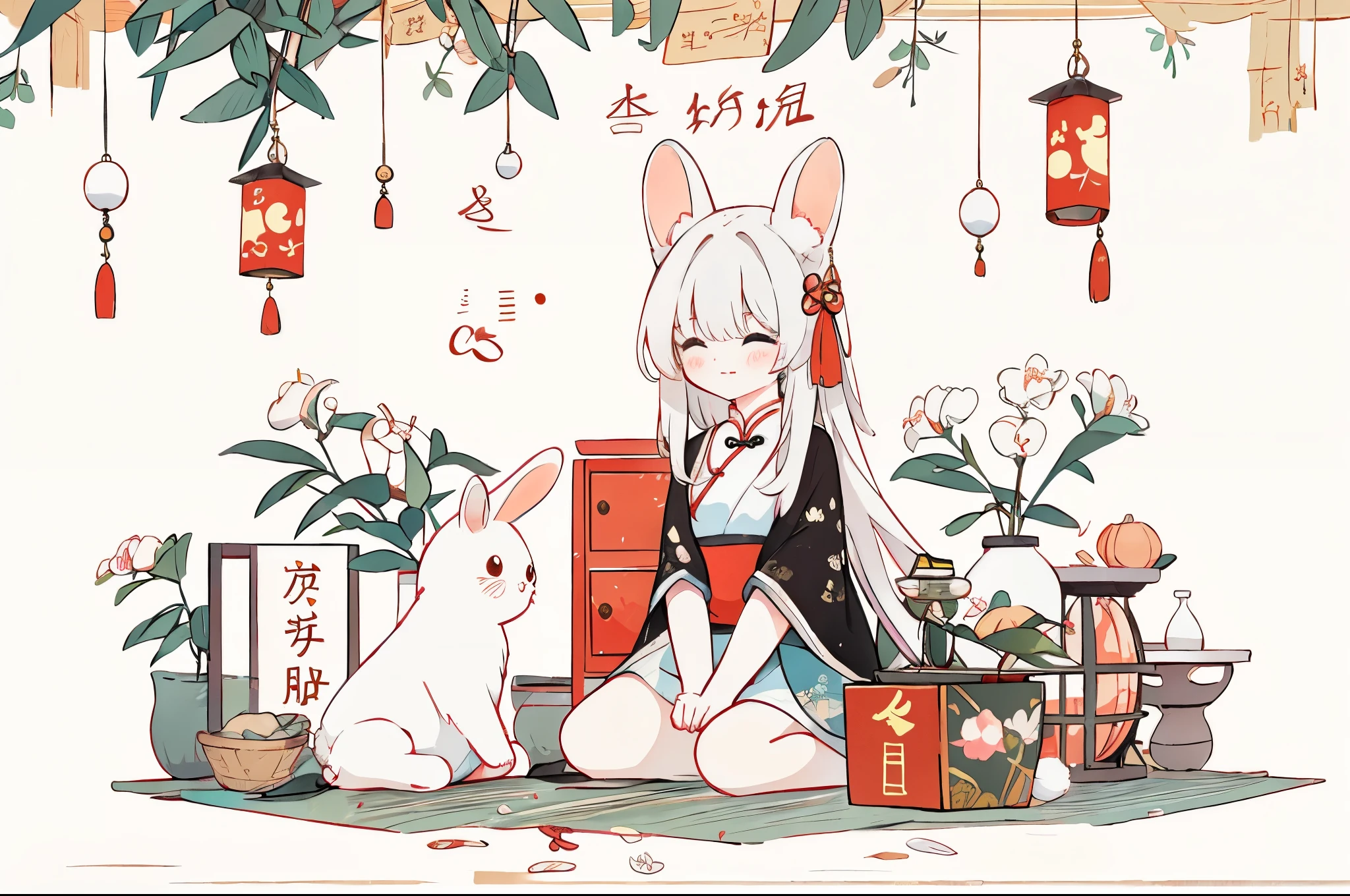 （A rabbit：1.4）, sit on the floor, look up, （（Mid-Autumn Festival atmosphere，Osmanthus fragrans，Kongming Lantern，Donut Cake）），（Chinese character：1.3），Traditional Chinese illustration style, The art of math, Simple background, Masterpiece on white background, best quality, Extremely detailed, high quality, 4k