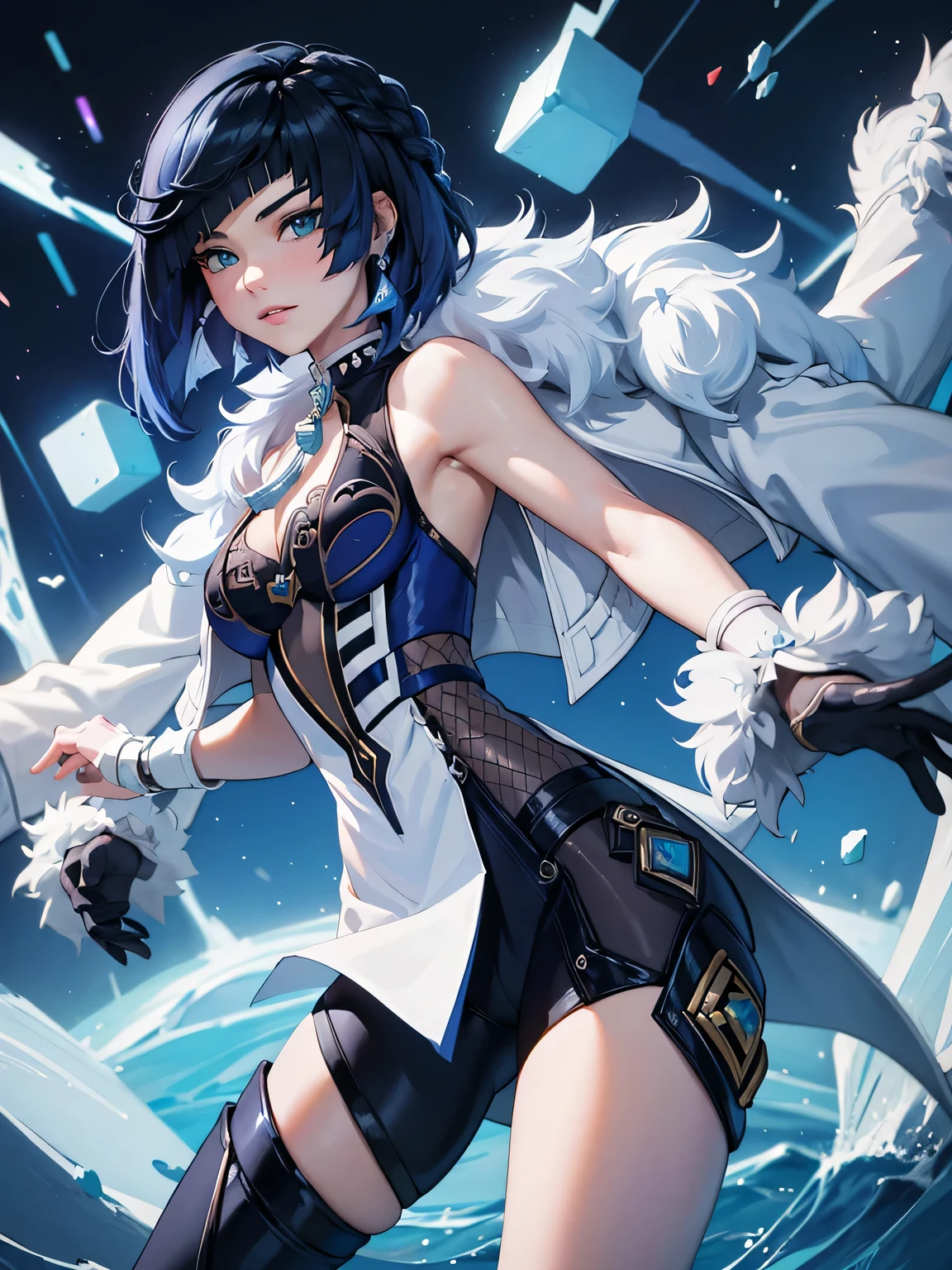 [yelandef]:1.5,((masterpiece,highest quality,Detailed images,Beautiful images))1.4(1girl,solo)(Yelan&#39;s full body image、arms behind head,smile、church、morning、Water Drop、Snowstorm、Blue glowing line、Blue dice、Bright lighting overall、Backlight、A fantastic atmosphere、Thick Fog)1.1(Beautiful body lineedium beauty breasts、Beautiful side breasts)
