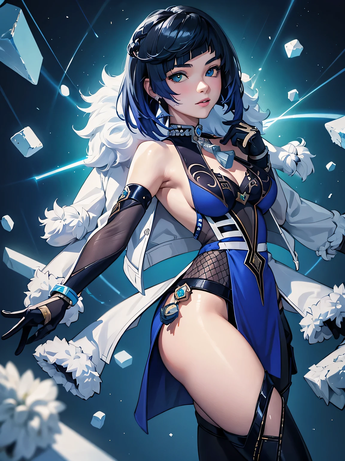 [yelandef]:1.5,((masterpiece,highest quality,Detailed images,Beautiful images))1.4(1girl,solo)(Yelan&#39;s full body image、arms behind head,smile、church、morning、Water Drop、Snowstorm、Blue glowing line、Blue dice、Bright lighting overall、Backlight、A fantastic atmosphere、Thick Fog)1.1(Beautiful body lineedium beauty breasts、Beautiful side breasts)
