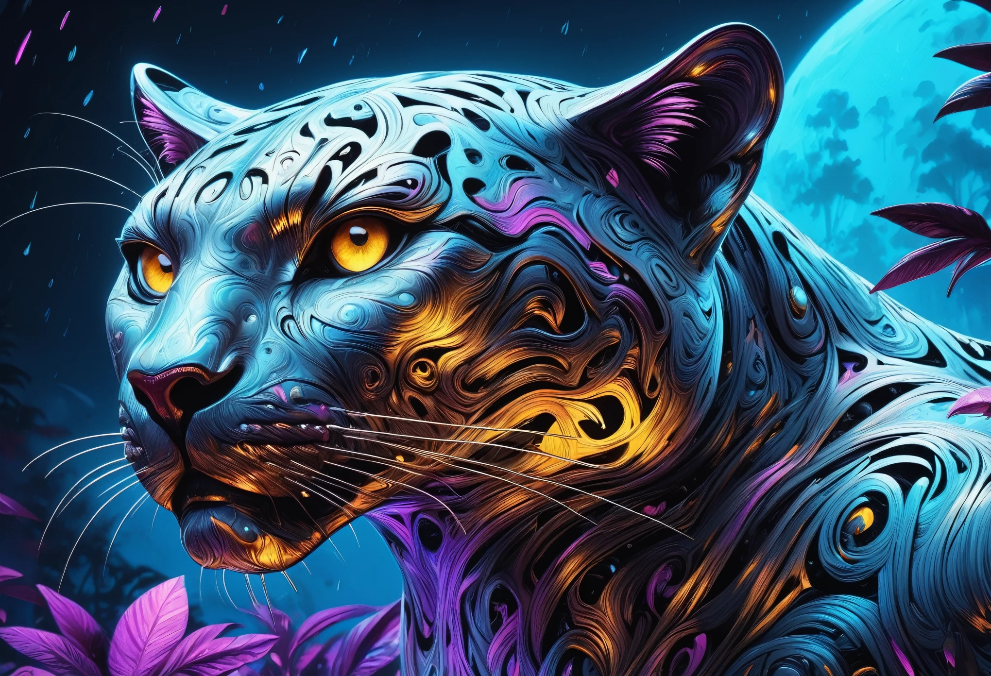 Dream illustration, fairytale-like, Oil painting, 8K, HD, (d4m4scus style:1.3) huge panther roared, Background, downpours, Beautiful lush rainforest, HD, Golden, Light blue, light violet, Moonshine color, full moon, Chilly lighting atmosphere (Digital drawing:1.2), Comic style, ToonYou Style, Illustrative funk, Counterwave graffiti, Perspective view, Extreme Face Close-Up, tee shirt graphic, Ultra HD, Realistic, Vivid colors, Highly detailed, Ultra HD drawing, pen and ink, Perfectcomposition, beautiful detailed intricate insanely detailed octane render trending on artstation, 8K Art Photography, Arte conceptual fotorrealista, soft natural volumetric cinematic perfect light, d4m4scus