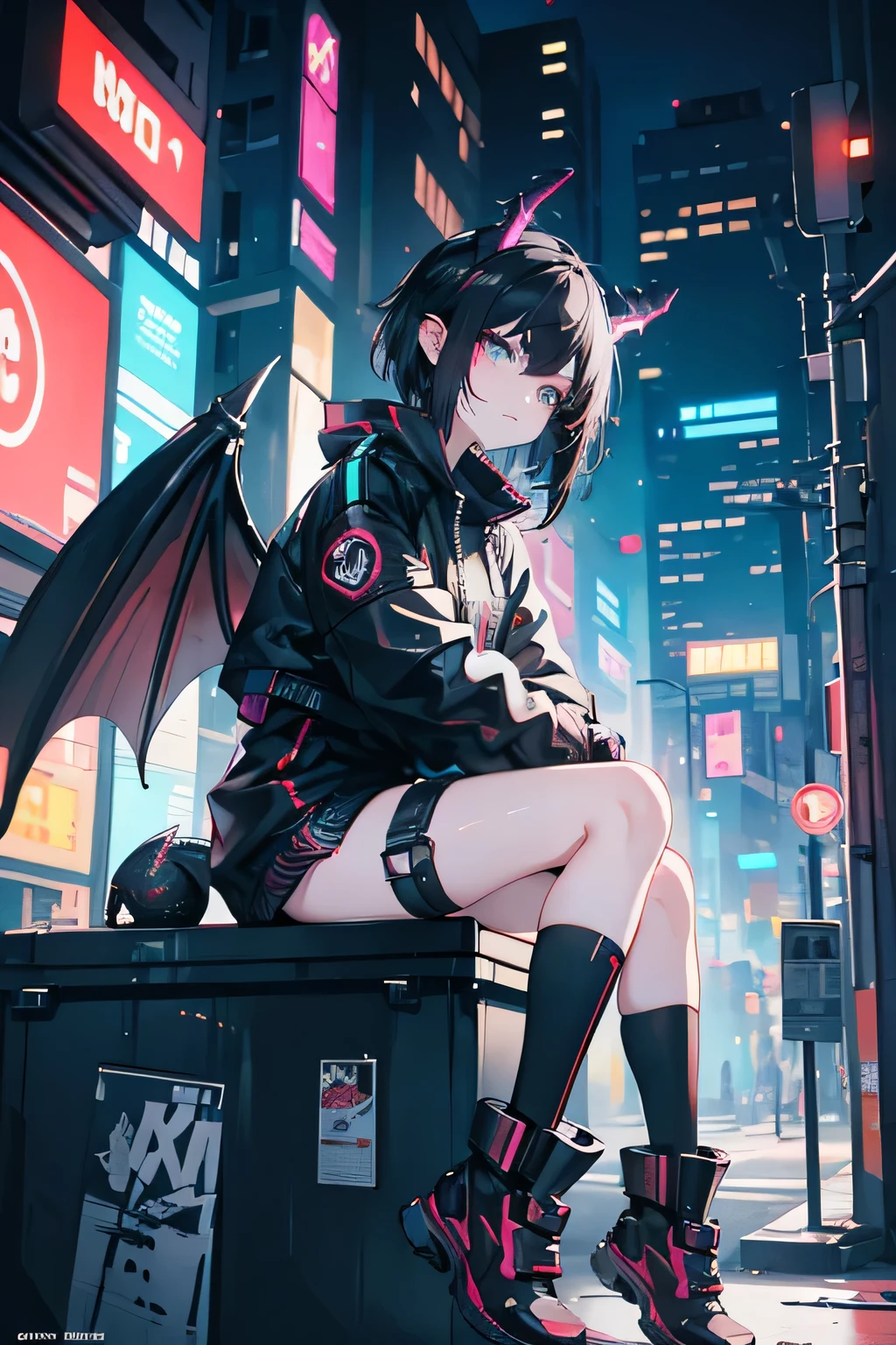 Cyberpunk, graffiti background, sitting on trash can, looking down, short black hair, cyberpunk outfit, horns, dragon tail and wings, detailed face, annoyed expression 