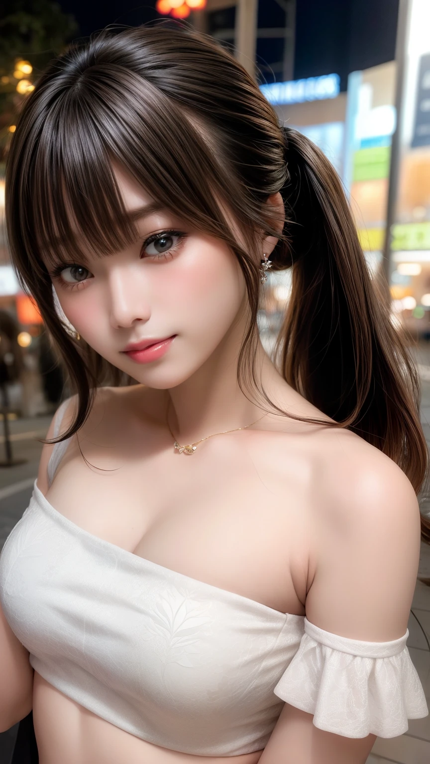 highest quality、Natural Lip、Fair skin、Great light、Beautiful lighting、((Straight hair))、((Ponytail Hair))、((Black Hair))、Blunt bangs、Off the shoulder、Large Breasts、Large Breastsの谷間、White crop top、mini skirt、Gorgeous Accessories、Harajuku at night、smile、かわいいsmile、Crowd in the city at night