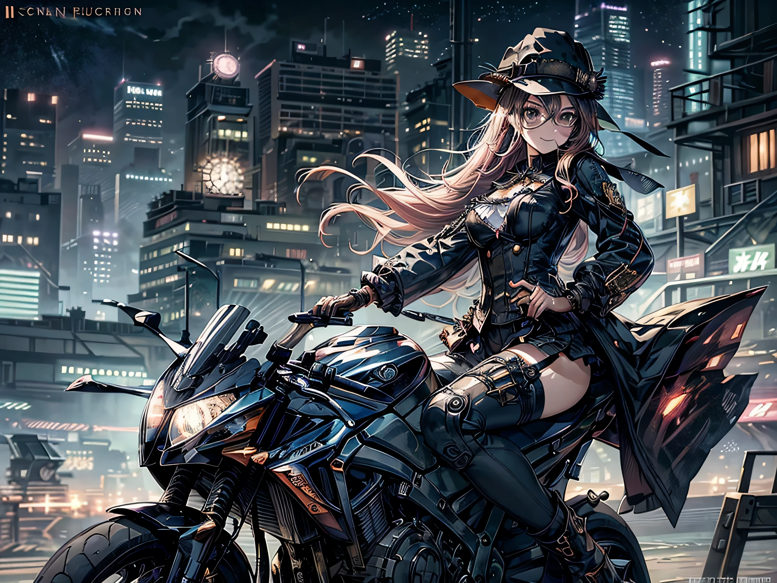 (Manga style),(Line art_anime),(Cowboy Shot, highest quality, ),(Photo by Laura Budd:1.2),(Laura Add details:1.0),8k, Flat Color:0.8,(1 girl,Smile 1.5)、View your viewers,(1. Riding a steampunk bike.8)、(Classic style bike 1.5)、(Highly decorative and complex mechanical steampunk fashion, Lace flare dolphin hat、Goggles 1.5、machinery background、Gear background、Intricately mechanized steampunk cityscape 1.5),