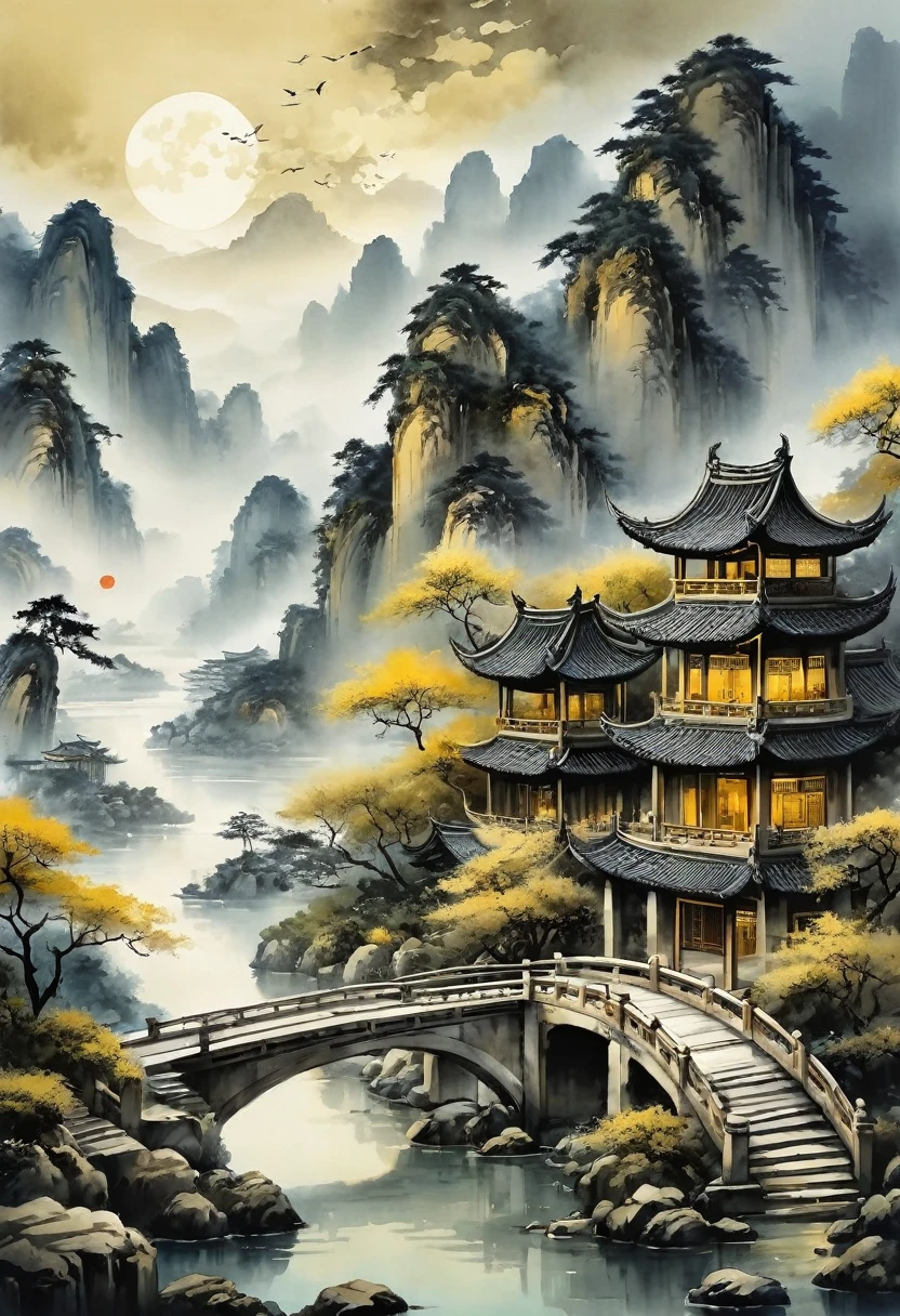 Watercolor Landscape, Chinese ink, Wall mural style with gold-colored paint,Scenery of the water towns,Huizhou-style architecture,trees,houses,mountains,clouds,moonlight,river,reflection,arch bridge,steps,pavilion,moss,rocks,cloud,fog, best quality, masterpiece, very aesthetic, perfect composition, intricate details, ultra-detailed
