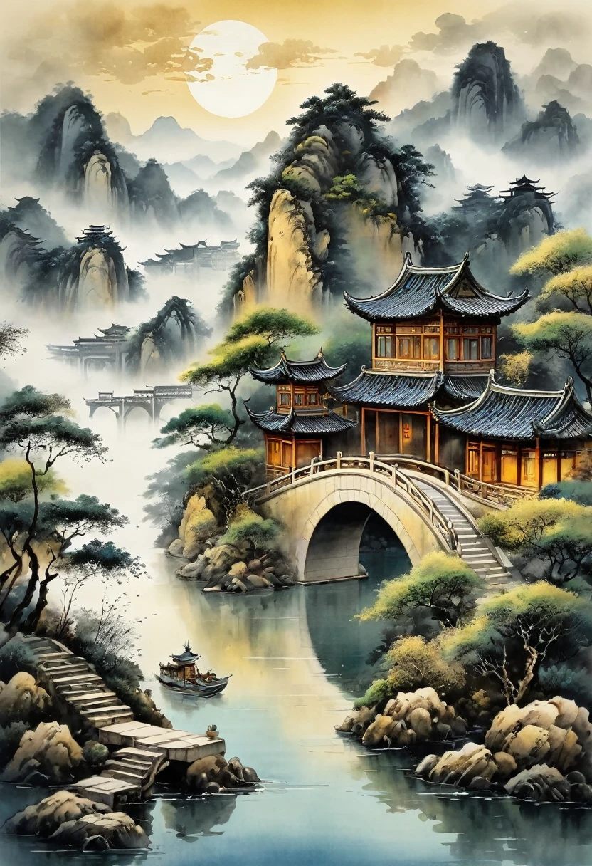 Watercolor Landscape, Chinese ink, Wall mural style with gold-colored paint,Scenery of the water towns,Huizhou-style architecture,trees,houses,mountains,clouds,moonlight,river,reflection,arch bridge,steps,pavilion,moss,rocks,cloud,fog, best quality, masterpiece, very aesthetic, perfect composition, intricate details, ultra-detailed