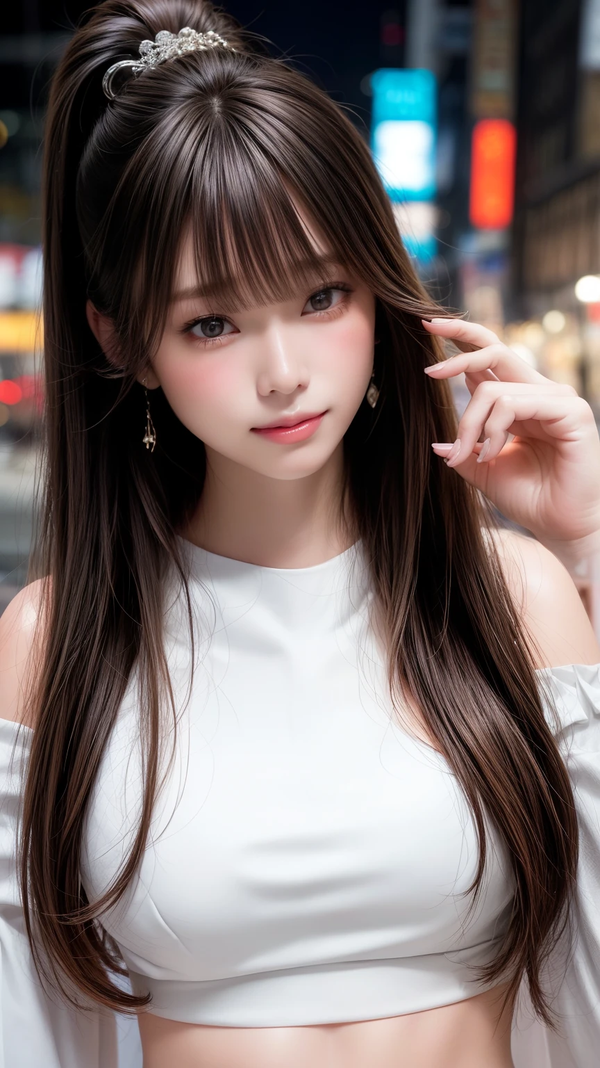 highest quality、Natural Lip、Fair skin、Great light、Beautiful lighting、((Straight hair))、((Ponytail Hair))、((Black Hair))、Blunt bangs、Off the shoulder、Large Breasts、Large Breastsの谷間、White crop top、mini skirt、Gorgeous Accessories、Harajuku at night、smile、かわいいsmile、Crowd in the city at night