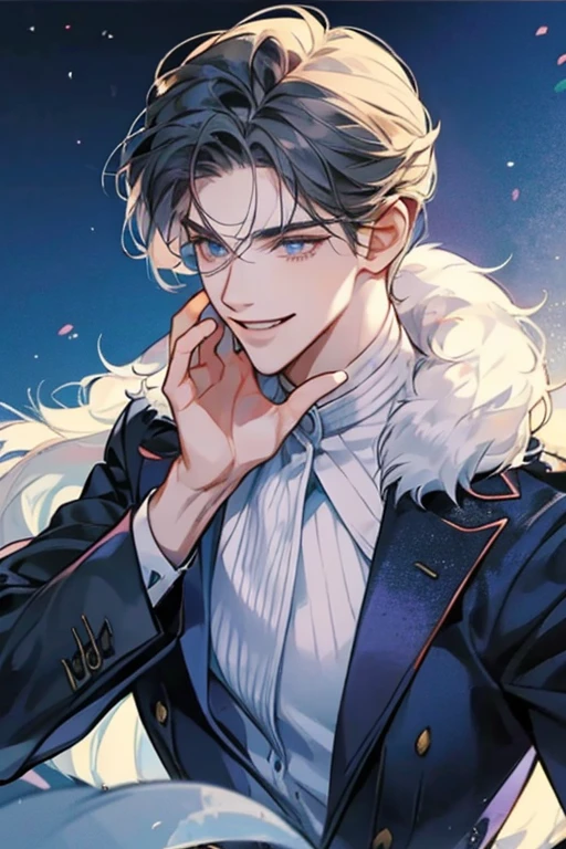 A handsome man smiling, he has a molde under his lips