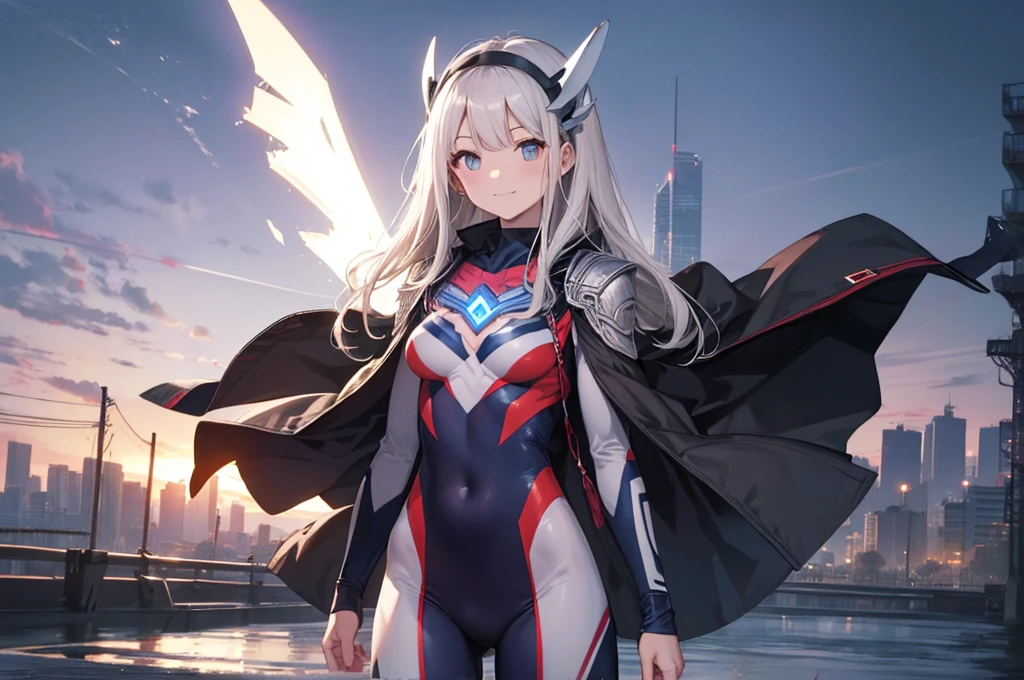 (masterpiece、highest quality、In 8K、High resolution:1.2)、alone、One Girl、 Tight clothes、Cowboy Shot、Look at the viewers、smile、Hero Suit、Bodysuits、Tight suit、Trained abdominal muscles、Trained biceps、(Hmph :1.0)、 ウルトラマンBodysuits、Shining jewel on the chest、(building:1.2)、Night Scenery