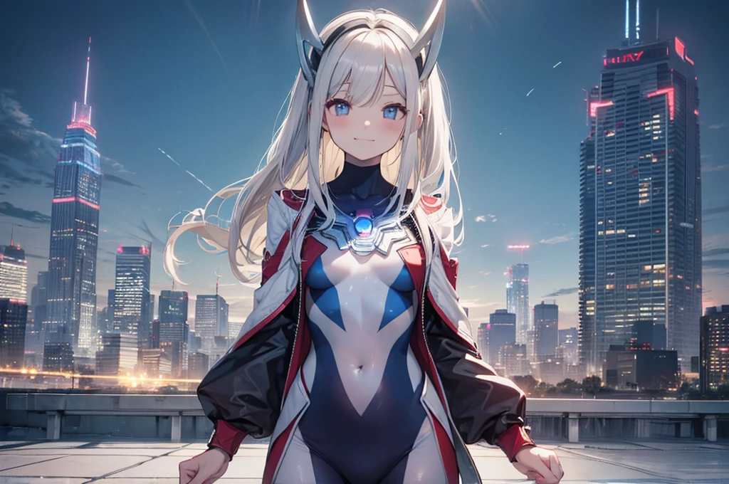 (masterpiece、highest quality、In 8K、High resolution:1.2)、alone、One Girl、 Tight clothes、Cowboy Shot、Look at the viewers、smile、Hero Suit、Bodysuits、Tight suit、Trained abdominal muscles、Trained biceps、(Hmph :1.0)、 ウルトラマンBodysuits、Shining jewel on the chest、(building:1.2)、Night Scenery