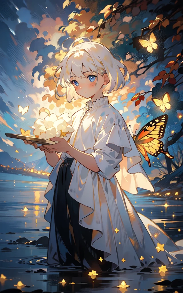 Mystical fog,masterpiece,best quality,HDR.UHD.4K,8K,64K,Highly detailed,ultra-finepainting,extreme detail description,Professional, 1 young man, volumetric light, platinum blonde hair, bob cut, butterfly, best quality, illustration, beautiful detailed eyes, blue eyes, pose, white costume, In forests with autumn leaves, standing, from below,