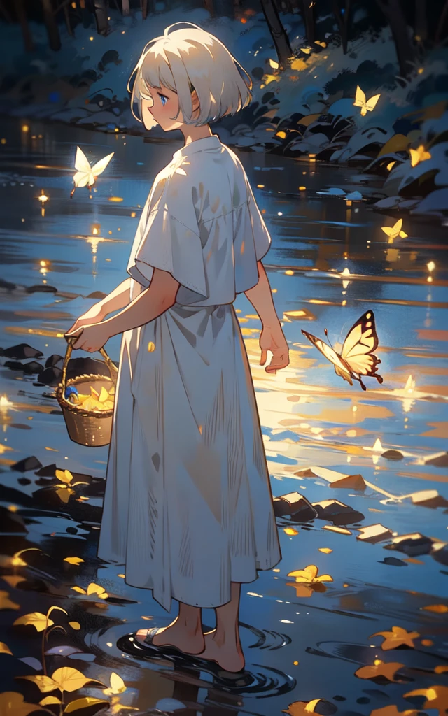 Mystical fog,masterpiece,best quality,HDR.UHD.4K,8K,64K,Highly detailed,ultra-finepainting,extreme detail description,Professional, 1 young man, volumetric light, platinum blonde hair, bob cut, butterfly, best quality, illustration,  beautiful detailed eyes, blue eyes, pose, white costume, In forests with autumn leaves,  standing, from below,