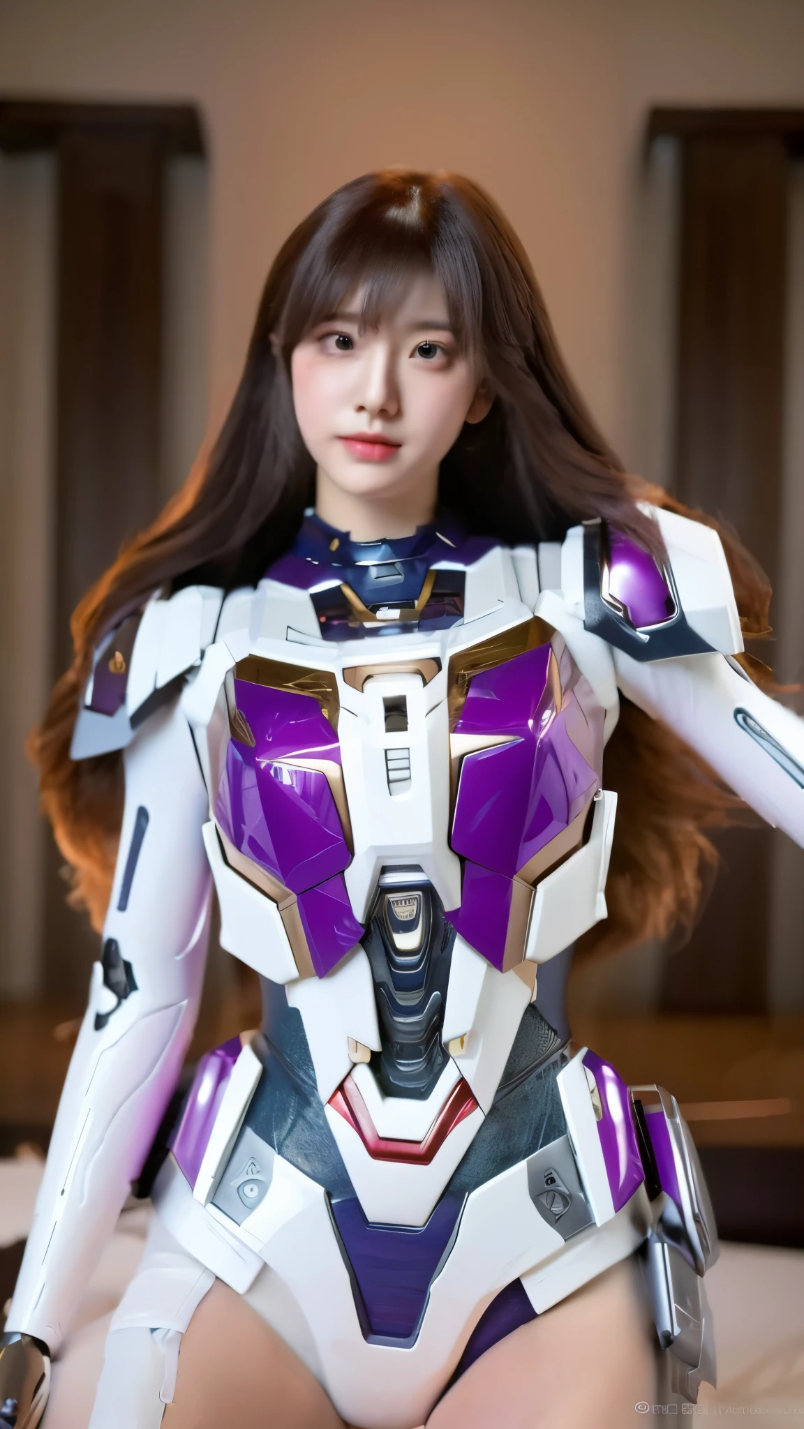 RAW, Masterpiece, Ultra Fine Photo,, Best Quality, Ultra High Resolution, Photorealistic, Sunlight, Full Body Portrait, Stunningly Beautiful,, Dynamic Poses, Delicate Face, Vibrant Eyes, a full body of a woman in a purple and white gundam custume, dybamic pose, long brown very very long hair rapunzel, girl in mecha cyber armor, portrait armored astronaut girl, d. va from overwatch, female mecha, on a gundam, gundam head, chiho aoshima color scheme, mobile suit, streamlined purple armor, fully robotic!! girl, realistic cosplay, gundam armor , full body, sit down, full body