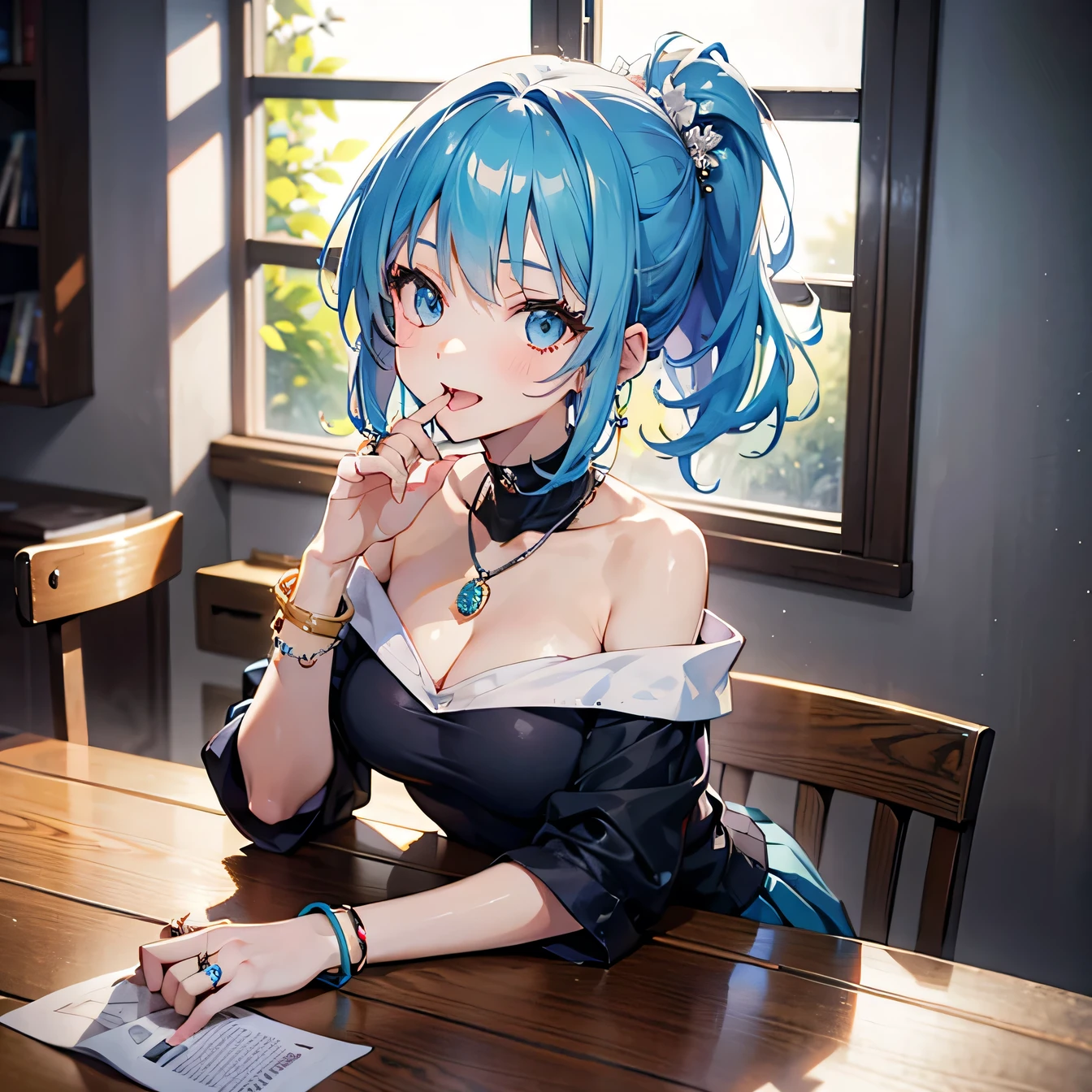 Anime Moe Art Style,highest quality,High resolution,Anatomically correct,One Girl,-teegirl with light blue hair in a ponytail,Super detailed,Fantasy World,Off-the-shoulder tops,mini skirt,Big Breasts,A rich expression,Laughing with your mouth open,Resting her breasts on the table,Hands clapping together,Eyes drawn in detail,hair ornaments,necklace,bracelet,ring,8K